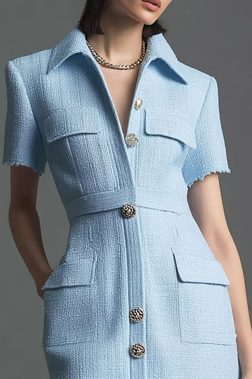 Sky Blue Polo Collar Sheath Work Dress